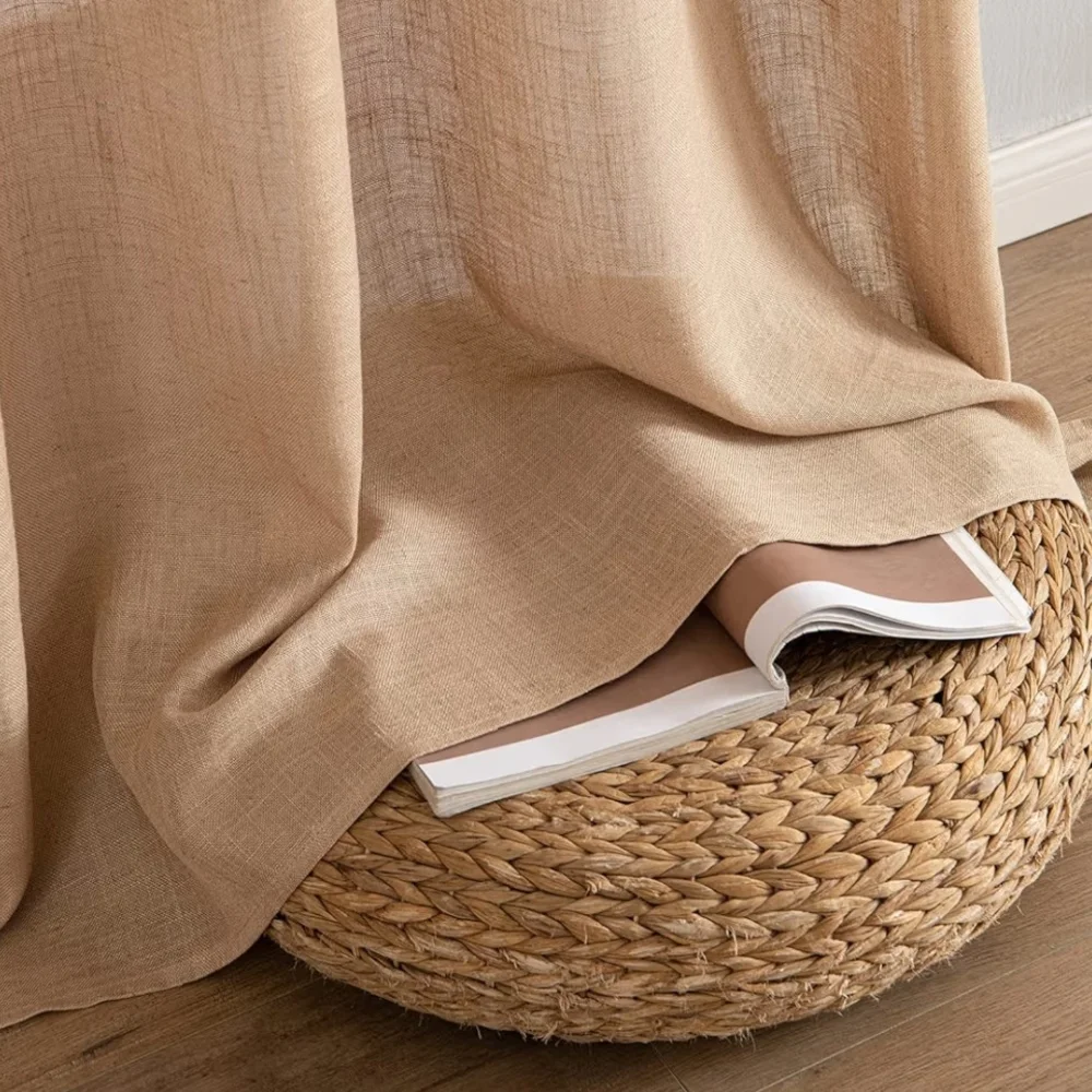 2 Light Brown Linen Color 52Wx63L Textured Burlap Semi Sheer Curtain Panels